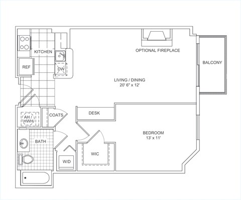 Floor plan for 1 bed, 1 bath, 721 sqft